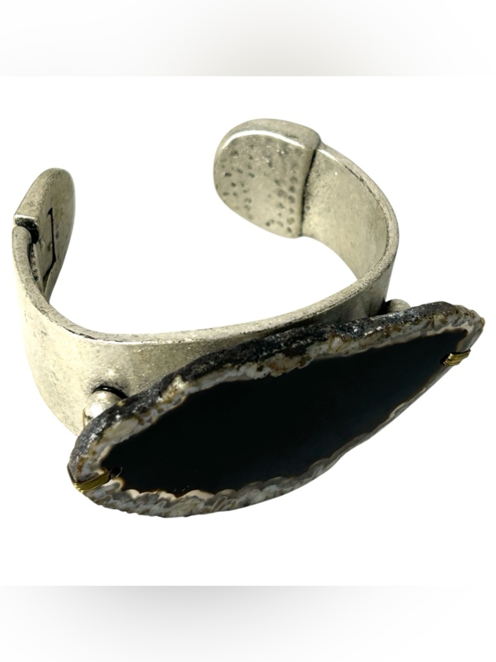 Black agate Slab Cuff Bracelet Silver Hinged goldtone artisan studio Statement